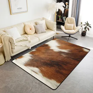 Loussiesd Kuhfell Gedruckt Teppich 150x200cm Rustikales Bauernhaus Rindsleder Gedruckte Teppiche Matte für Wohnzimmer Schlafzimmer Weiß Braun Dekor Moderne Teppich rutschfeste Bereich Runner Teppich