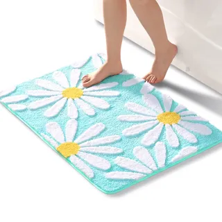 QJHOMO Grün Badezimmerteppich Niedliche Gänseblümchen Badematte rutschfest Waschbar Badteppich Weiße und Gelbe Blume Badvorleger Weiche Duschvorleger Absorbierende Badezimmer Teppich 60x90 cm