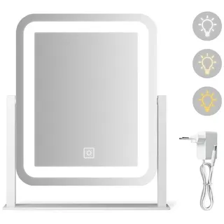 WDWRITTI Kosmetikspiegel Weiß LED Schminkspiegel mit Beleuchtung (Tischspiegel 360° Drehbar, 3000/4000/6500K, Helligkeit dimmbar), Energiesparend, Umweltschutz, hochauflösend bunt Rechteckig | 32 cm x 37.5 cm x 6 cm