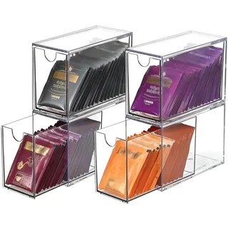 4er Set Acryl Aufbewahrungsboxen mit Schubladen-Teebeutel Organizer 16,5 x 7,6 x 10 cm Teebeutel Aufbewahrung Schubladenboxen für Küche, Büro, Kaffeekapseln, Zucker, Schmuck, Kosmetik, Schreibwaren