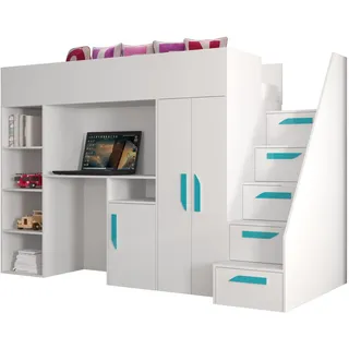 MEBLE KRYSPOL Party 14 Hochbett für Kinder, Jugendliche mit Stauraum - Etagenbett mit Schreibtisch, Kleiderschrank, Bücherregal und Trittleitern - 247x120x165 cm - Weiß, Weiß, Türkis