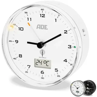ADE Funk wecker analog ohne Ticken | Uhr mit Temperaturanzeige und Kalender | lautloser analoger Wecker mit Licht | Funkwecker mit Batterie | kleine Uhr zum Hinstellen | weiß