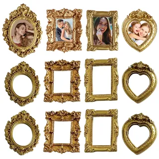 Obelunrp 12 kleine goldene Rahmen, barocke antike Harz-Mini-Bilderrahmen, DIY-Foto, Urlaub, Party, Hochzeit, Dekoration für Weihnachten, Mini-Gold