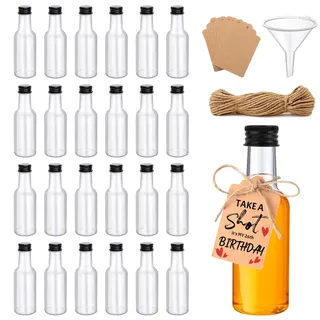 BOSCOW Kleine Flaschen zum Befüllen, 24 Stück 50ml Mini Shot Flaschen mit Deckel, Kunststoff Likörflaschen, kleine Schnapsflaschen, inklusive 15m Juteschnur, 40 Anhängern und Trichter