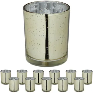Relaxdays Teelichthalter 12er Set Glas Gold