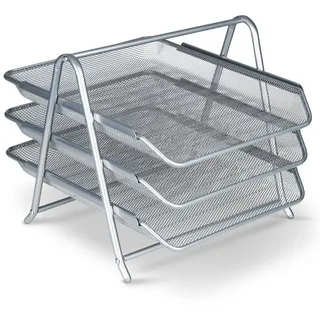 Bonus Dokumentenablage Metall Desk Organizer - Stabile Design Büro Schreibtisch Ablage mit 3 Ablagefächer für Briefablage - Schnelle Ordnung mit 3 Schubladen I Papier Ablagefächer A4 (Silber)