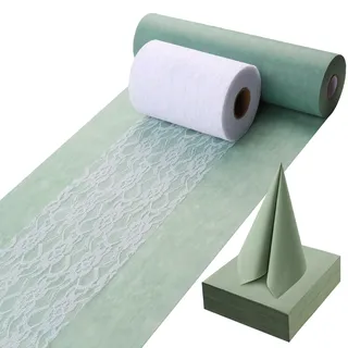 ddckj Vlies Tischläufer Eukalyptus Grün 30 cm x 35 m Tischläufer Grün Salbei Weiße Dekorative Spitzenbänder und Servietten Tischdeko Set für Taufe Kommunion Konfirmation Hochzeit und Geburtstag