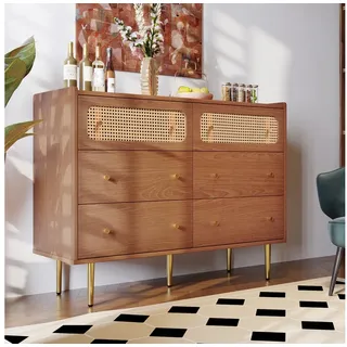 IDEASY Schubkastenkommode Kommode, Rattan-Sideboard mit 6 Schubladen, 90*120*40 cm, (Beine und Griffe aus Metall), geeignet für Schlafzimmer und Wohnzimmer, Walnussfarbe rot