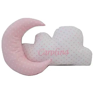 Set Dekorativ Kissen für das Baby mit den Name bestickt - Dekorativ Wiege Kissen eingeprägter Name - Personalisierte Kissen für die Kinder in Form von Mond und Wolke - Stellen - Rosa - Nenel