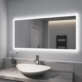 EMKE Badspiegel mit Beleuchtung 120 x 60 cm, Antibeschlag | Badezimmerspiegel mit Druckknopfschalter, warmweißes und kaltweißes Licht, IP44 Schutz, moderner Wandspiegel