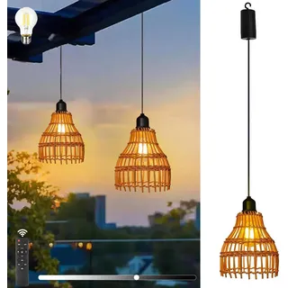 Akku Pendelleuchte Boho Rattan Hängelampe mit Fernbedienung Außen Innen E27 Vintage Hängeleuchte mit Batterie IP44 Deckenleuchte Ohne Stromanschluss Outdoor Beleuchtung für Garten Esszimmer Terrasse