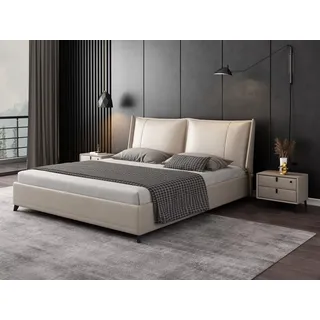 mukuhi Lederbett Polsterbett Echtleder 180x200 cm mit gepolstertem Doppelkopfteil beige