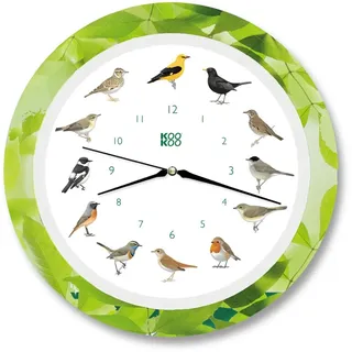 KOOKOO Singvögel Quarzwerk Leaf, Die Singende Vogeluhr, runde Wanduhr mit natürlichen Vogelstimmen