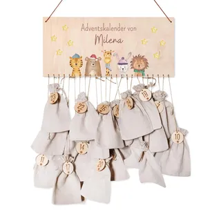 wunderwunsch Personalisierter Adventskalender zum Befüllen, Holz, Kinder | Adventskiste, Stoffbeutel selbstgestalten, Säckchen, Jutesäckchen, Diy-Box, Tütchen, Säckchen, Weihnachten