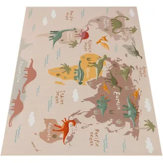 Paco Home Kinderteppich Dinosauriert Welt Rutschfest beige, Braun Grün 200 cm, Quadrat