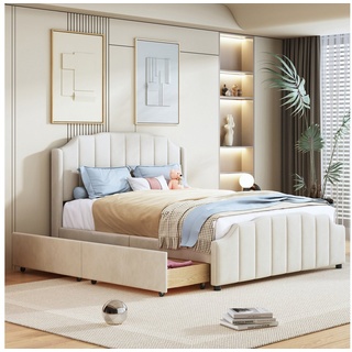 IDEASY Polsterbett Mit Samt gepolstertes Plattformbett, 2 ausziehbare Schubladen, beige/rosa/grau, 140 x 200 cm,hochwertige Holzlatten, geräuschlos beige|weiß