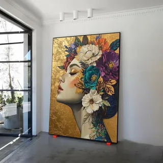 Blumengemälde, Frau mit Kopf, Posterdruck, Kunst, Blumenfrauengesicht, Frau mit Blumen, Leinwandbild, Wandkunst, Blumenbilder, 60 x 90 cm, mit Rahmen