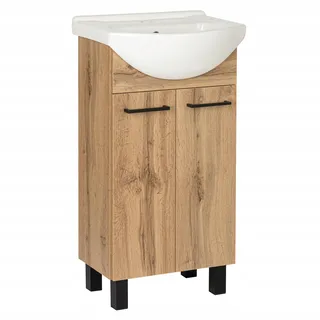 VBChome Badezimmer Unterschrank mit Waschbecken 45 cm stehend Eiche Wotan Loft Stil Keramik Aufsatzwaschbecken Waschtischunterschrank Matte Oberfläche Schwarze Griffe verstellbare Füße modern