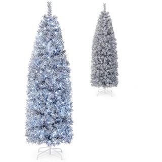 COSTWAY 180cm Künstlicher Weihnachtsbaum Bleistift, LED beleuchteter Tannenbaum mit 250 kaltweißen LEDs, schlanker Christbaum Weihnachten, Kunstbaum mit Metallständer, Weiß+Schwarz