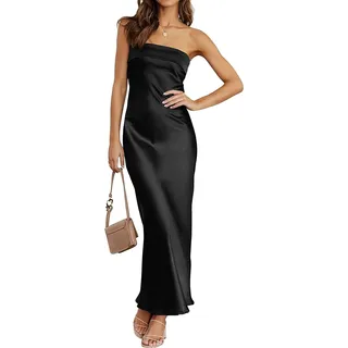 Vagbalena Damen Sommer 2023 Satin Trägerloses Kleid Elegante Kleider Abend Party Abendkleider Sexy Rückenfrei Hochzeit Cocktail Maxi Kleid (Schwarz,M) - M