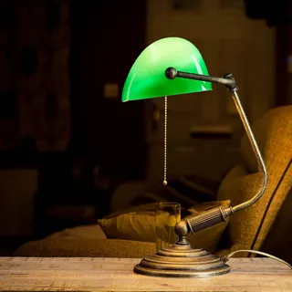 Licht-Erlebnisse Premium Bankerleuchte Echt-Messing Glas in Bronze Antik matt Grün Büro H:37,5 cm E27 Zugschalter Jugendstil Tischlampe Arbeitszimmer