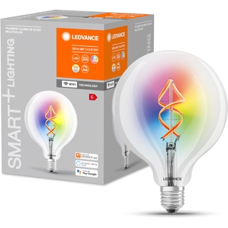 LEDVANCE Smarte LED-Lampe mit Wifi Technologie, E27, RGB-Farben änderbar, Globeform, Farbiges Filament als Stimmungslicht, Ersatz für herkömmliche 30W-Glühbirnen, steuerbar mit Alexa, 1 er