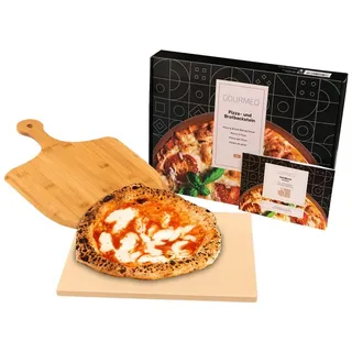 GOURMEO Backstein Pizzastein Set 38x30 cm mit Bambus-Schaufel für Ofen & Grill