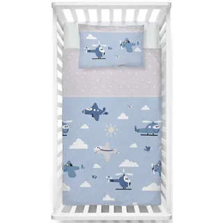 LINKHOFF Fein-Biber Babybettwäsche Set 100 x 135 Jungen | Kinderbettwäsche 100x135 in Blau mit Flugzeuge | Kuschelige Winter Bettwäsche für Babys aus 100% Baumwolle