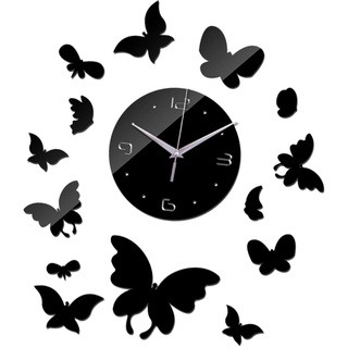Sharplace Kreative Schmetterling Wanduhr DIY Acryl Spiegel Wandaufkleber Stumm Uhren Home Wohnzimmer Uhren Dekoration, Schwarz2