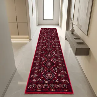 Teppich Rot mit geometrischen Medaillons und mehrteiliger Bordüre Größe - 80 x 300 cm - Dunkelrot/Rot