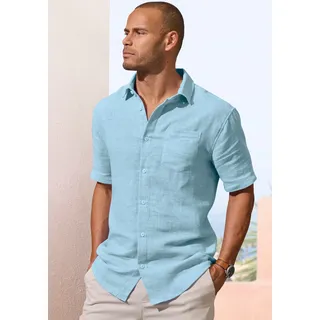 Leinenhemd JOHN DEVIN "Kurzarmhemd", Herren, Gr. XL (43/44), N-Gr, blau (hellblau), Leinenmischung;Web, Obermaterial: 55% Leinen, 45% Baumwolle, regular fit normal, Rundhals, abgesteppte Kante, Hemden, Luftiges Freizeithemd mit dezentem Muster, Topseller