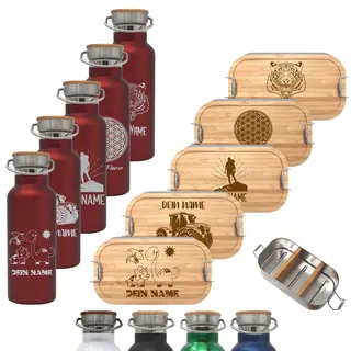 Brotdose 700ml mit Fächern und Trinkflasche 500ml aus Edelstahl mit Namen personalisiert, Lunchbox und Isolierflasche für Kinder und Erwachsene Brotzeitbox (Flasche ROT, Kleine Lunchbox 700ml)
