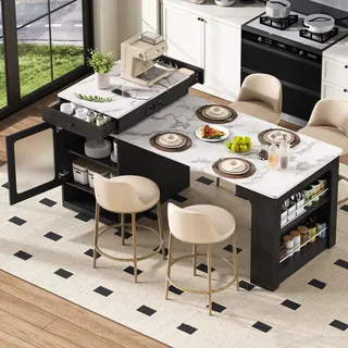 Merax Ausziehbarer Esstisch mit Rollen & Steckdose, Kücheninsel mit Abnehmbarer Tischplatte & Stauraum, Modernes Sideboard für Küche & Esszimmer