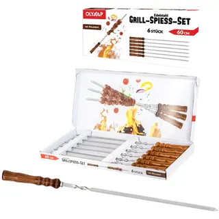 Legro Grillspieß Set mit Holzgriff Edelstahl 6 Spieße extra Lang 60 cm rostfrei