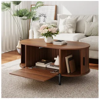 STILVORA Couchtisch mit Stauraum Ovaler Wohnzimmertisch mit 2 Schiebetüren,in Holzoptik (Couchtisch, oval, Rattan,Wohnzimmertisch, Stauraum, MDF, Metallbeine, Schiebetüren, Rattanfront, stabil), atmungsaktiv, hohe Tragkraft, skandinavisch Stil
