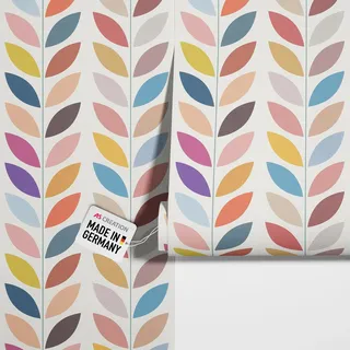 New Walls Bunte Tapete Blätter im 70er Jahre Retro Stil pastellfarben auffällige Vliestapete | 10,05 x 0,53 m