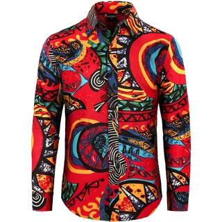 COSAVOROCK Herren Hippie 70er Jahre Hemd Blumen Hawai Langarm Hemden Freizeitshemd - XXL