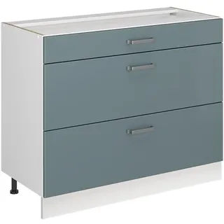 Vicco Küchenunterschrank R-Line, Blau-Grau/Weiß 100 cm | 3 Schubladen · Ohne Arbeitsplatte · Höhenverst. Füße · Metallgriffe · ✓ Frei kombinierbar