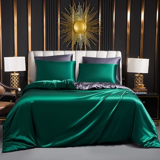 Luofanfei Satin Bettwäsche Set 135x200 Dunkelgrün Grün Glatt Glanzs Glänzend Bettwäsche Set Sommer Uni Muster Seiden Glatt Luxus Kühlende Bettwäsche-Sets 135 200 Einzelbett mit Reissverschluss