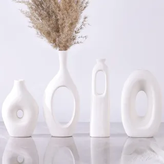 Weiße Keramikvasen, 4er-Set, runde hohle Boho-Vasen für Pampasgras und Blumendekoration, moderne minimalistische kleine Vasen für Wohnzimmer, Schlafzimmer, Kamin, Bauernhaus und Tafelaufsätze