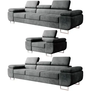 m-punkt Polstergarnitur Miami 3-3-1 Samtstoff Grau Anthrazit mit Bett Kopfteilverstellung Bett Sofa Schlafsofa Wohnlandschaft - Grau