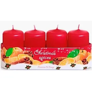 4er Set Stumpenkerze, Adventskerzen, Adventskranzkerzen, Duftstumpenkerzen, Duftkerzen in adventsrot,Duftrichtung Zimtorange, Lieferumfang 4 Stück, Brenndauer ca. 10h, Größe H/Ø ca. 7 x 4 cm,