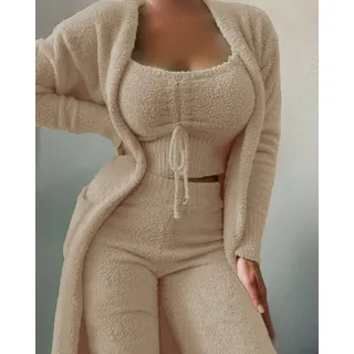 ONEMTB Nachtwäsche Robe Winter Bademantel Flauschig Fleece Morgenmantel Herbst Winter Damen Samt Pyjama Set Crop Top + Lange Hose + Mantel 3 Stück Anzug Warm Soft Fleece Homewear Pyjama S-3Xl