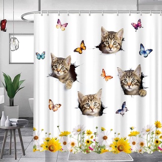 Feierman Duschvorhang mit lustigem Katzen-Motiv, für Badezimmer, kreativ, niedlich, versteckt, mit Haken, 183 x 183 cm, Weiß / Gelb