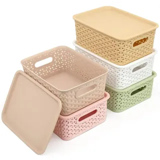 5-teiliges Aufbewahrungsset mit Deckel, kleinem Korb, 4-Liter-Aufbewahrungskorb im Rattan-Design, stapelbare Box aus PP-Kunststoff, Organizer-Körb...