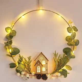 Spetebo LED Dekoring mit Holzhaus, - 30 cm - 20 LED beleuchtet / Weihnachten Winter Deko Hänge Metall Ring mit Kunstblumen,
