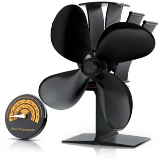Brandson Kaminventilator Ofenventilator inkl. Thermometer für Kamin, Kaminöfen, Holzöfen, Öfen, Ventilator, 4 Flügel Rotorblätter mit 180 mm Ø, ohne Strom, sehr leise schwarz