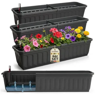 Hausfelder Blumenkasten Balkonkasten mit Wasserstandsanzeiger, Pflanzkasten 4er Set, 80cm (4er Set, 4 St., Jedes Set enthält: Füllstandsanzeiger, Boden, Pflanzkasten), Blumenkästen UV- und witterungsbeständig für innen und außen, matt schwarz 80 cm