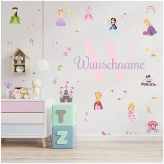Wandsticker personalisiert Sticker Aquarell Tiere mit Name Wandtattoo für Kinderzimmer Babyzimmer Spielzimmer Mädchen Junge Y037 (Nr. 31 Prinzessin, Mit Wunschname)
