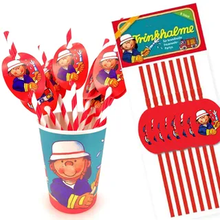Carpeta 8 Papier-Trinkhalme * FEUERWEHRMANN Benny BRANDMEISTER * mit Trinkknick und Sticker | 38396 | Geburtstag Kinder Feuerwehr Kindergeburtstag Party Kinderparty Strohhalme Deko Partydeko